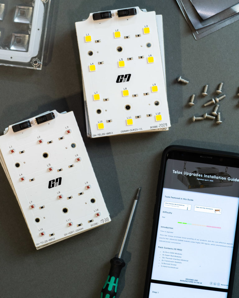Telos LED modules and screws with upgrade instructions open on phone